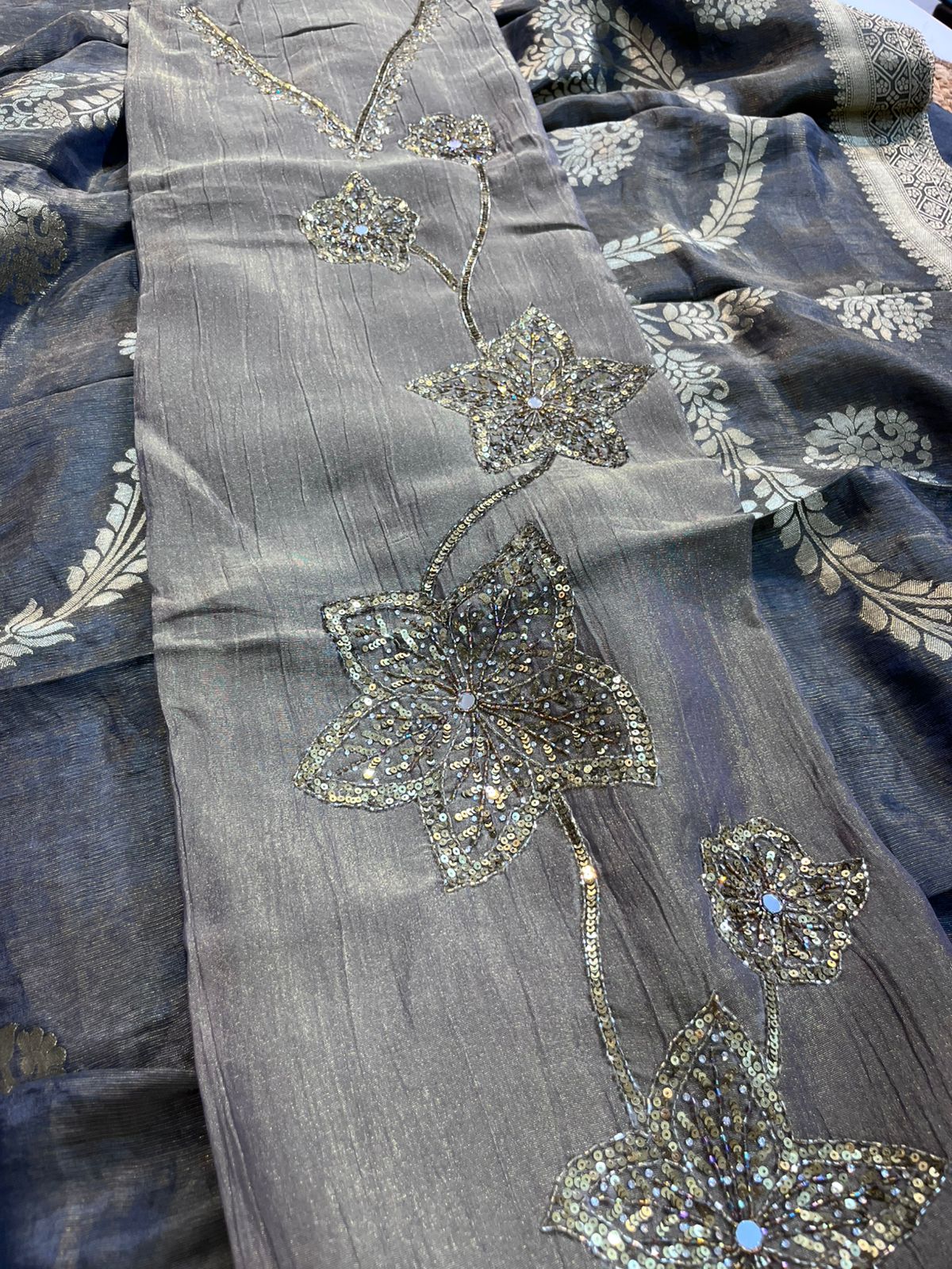 Metallic Shimmer Crush Tissue Silk Suit with Hand Embroidery & Banarasi Dupatta  Grey and dark green