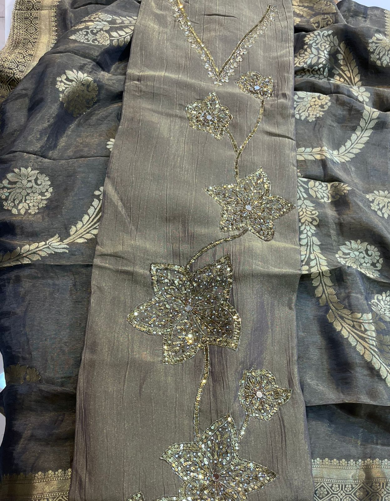Metallic Shimmer Crush Tissue Silk Suit with Hand Embroidery & Banarasi Dupatta  Grey and dark green