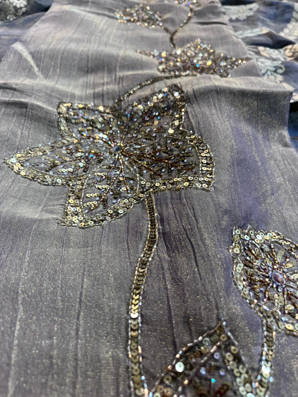 Metallic Shimmer Crush Tissue Silk Suit with Hand Embroidery & Banarasi Dupatta  Grey and dark green