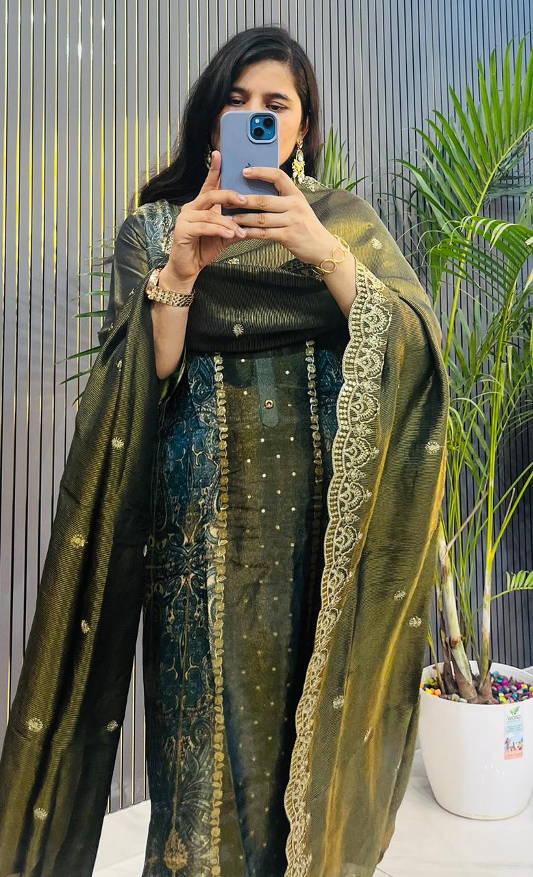 Deep black-blue base with a rich olive-golden dupatta — a rare and royal combination that exudes elegance.
