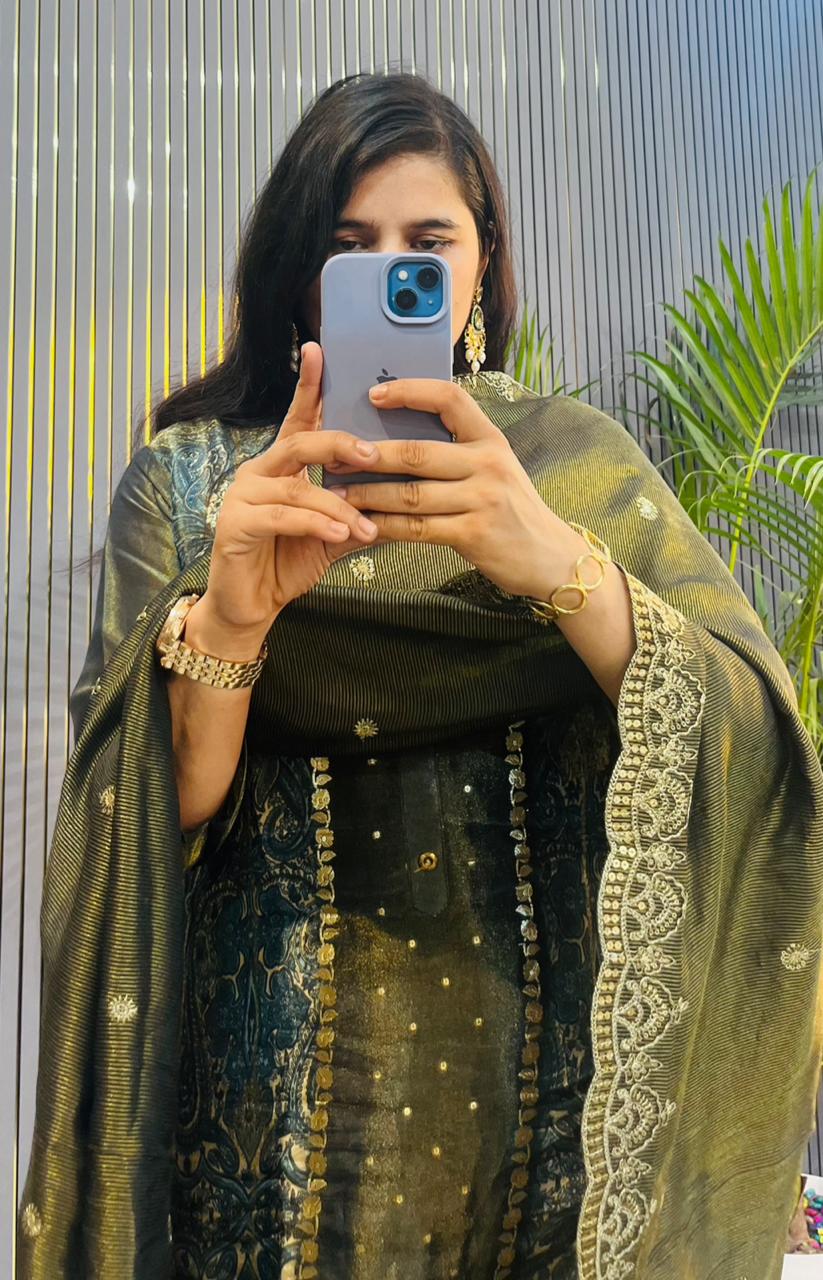 Deep black-blue base with a rich olive-golden dupatta — a rare and royal combination that exudes elegance.