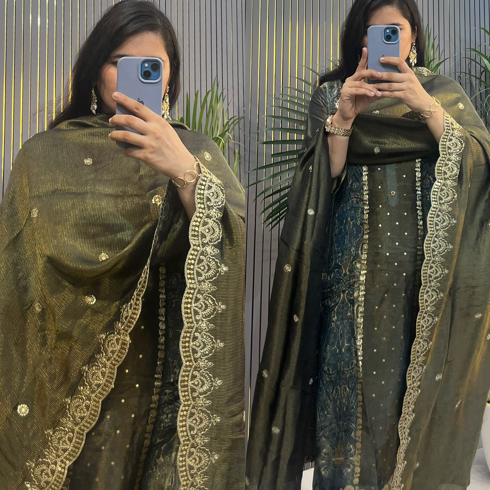 Deep black-blue base with a rich olive-golden dupatta — a rare and royal combination that exudes elegance.