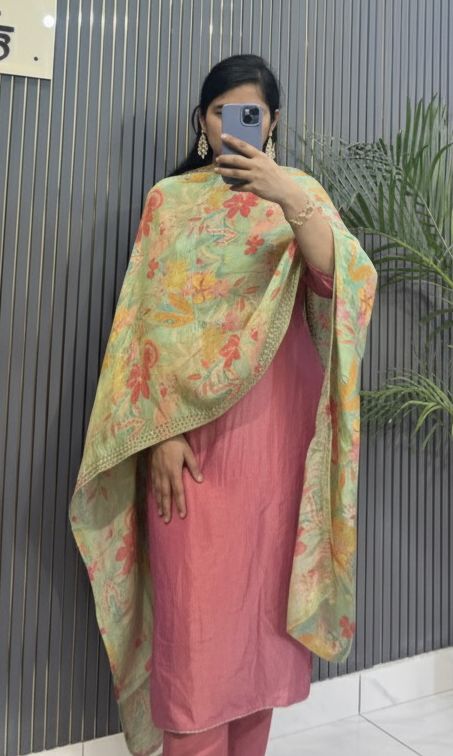 Blush Pink Hand-Embroidered Silk Suit with Floral Printed Dupatta