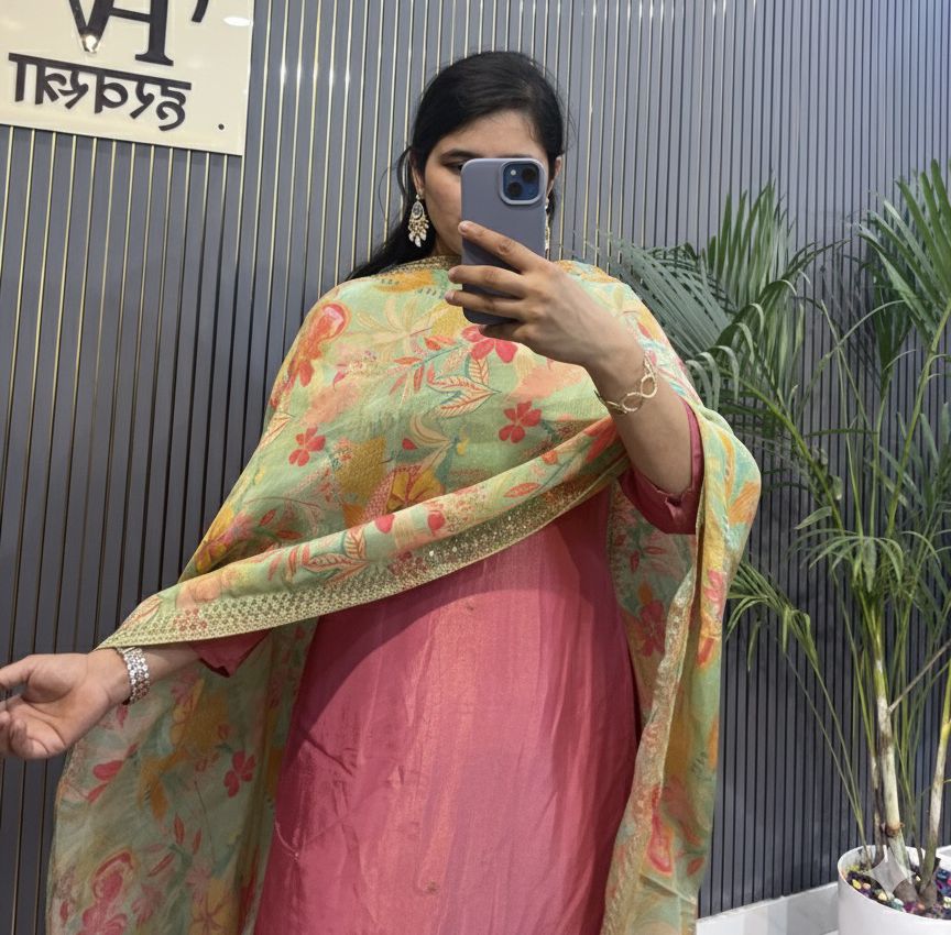 Blush Pink Hand-Embroidered Silk Suit with Floral Printed Dupatta