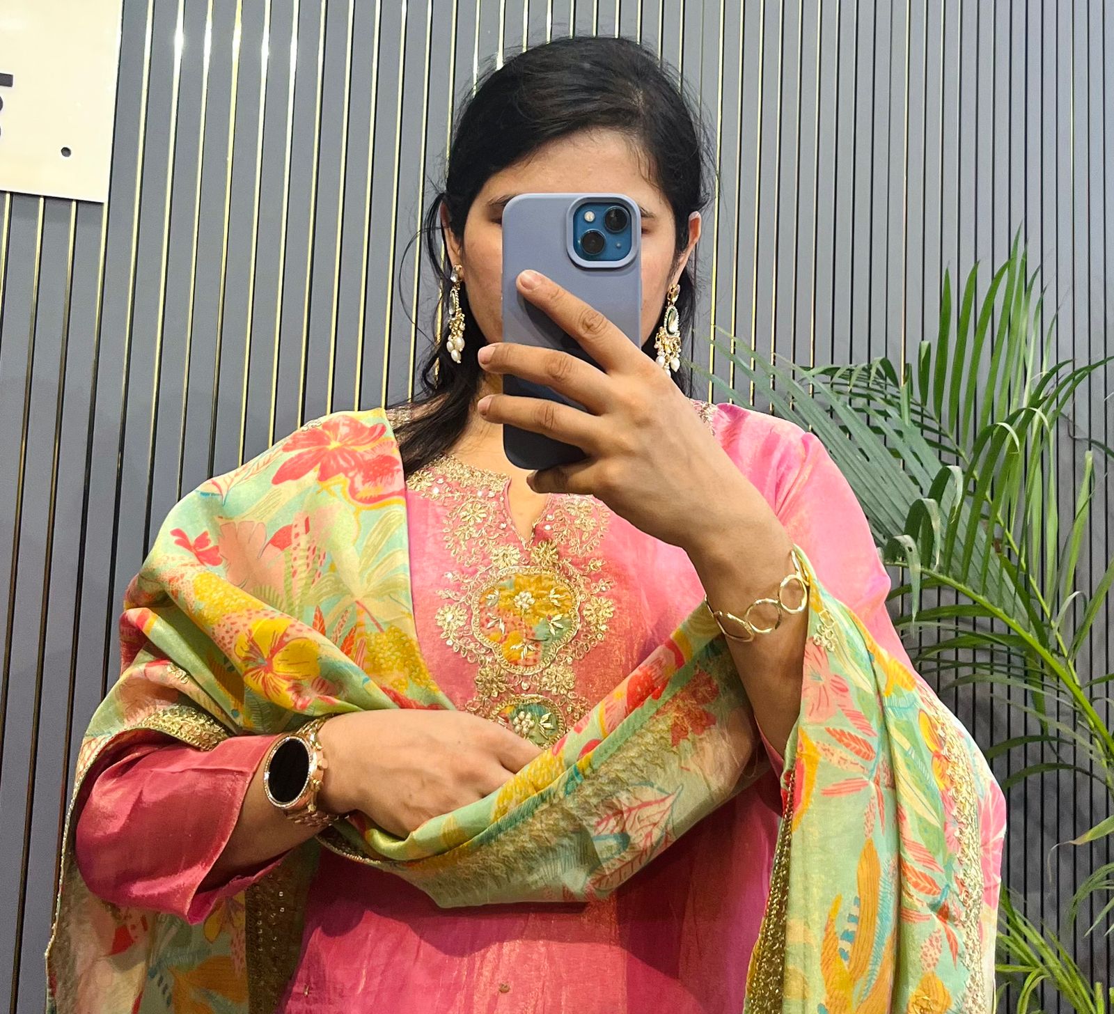 Blush Pink Hand-Embroidered Silk Suit with Floral Printed Dupatta