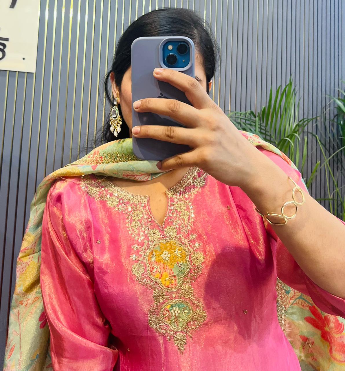 Blush Pink Hand-Embroidered Silk Suit with Floral Printed Dupatta