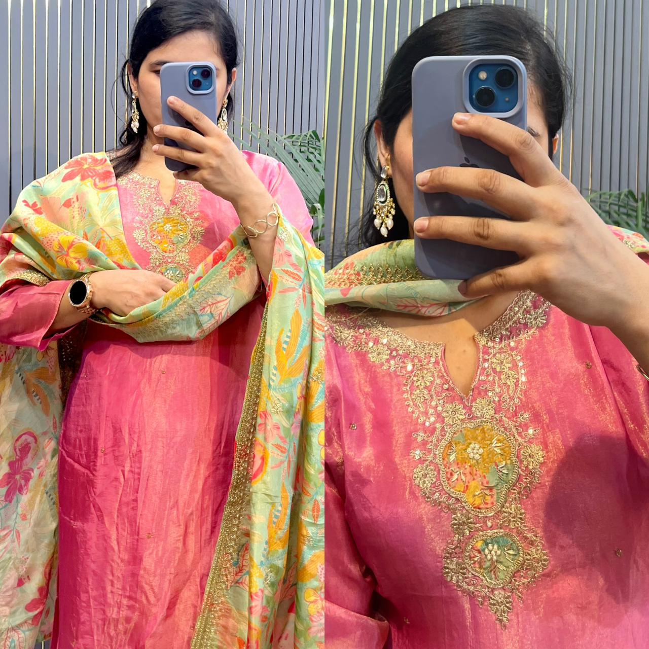 Blush Pink Hand-Embroidered Silk Suit with Floral Printed Dupatta