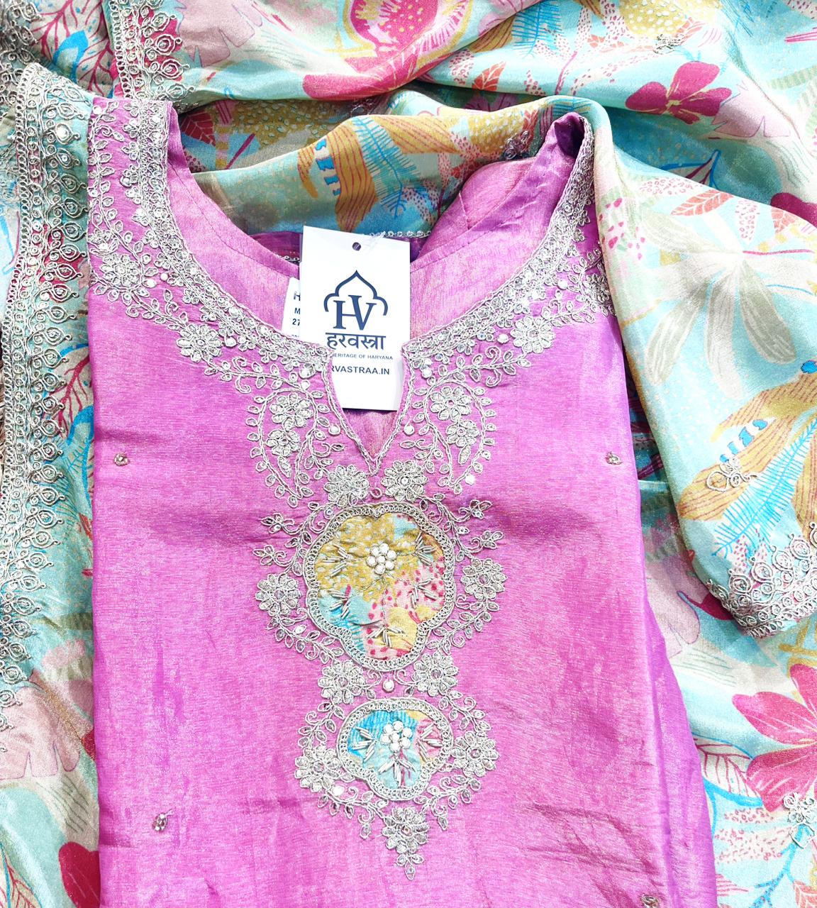 Blush Pink Hand-Embroidered Silk Suit with Floral Printed Dupatta