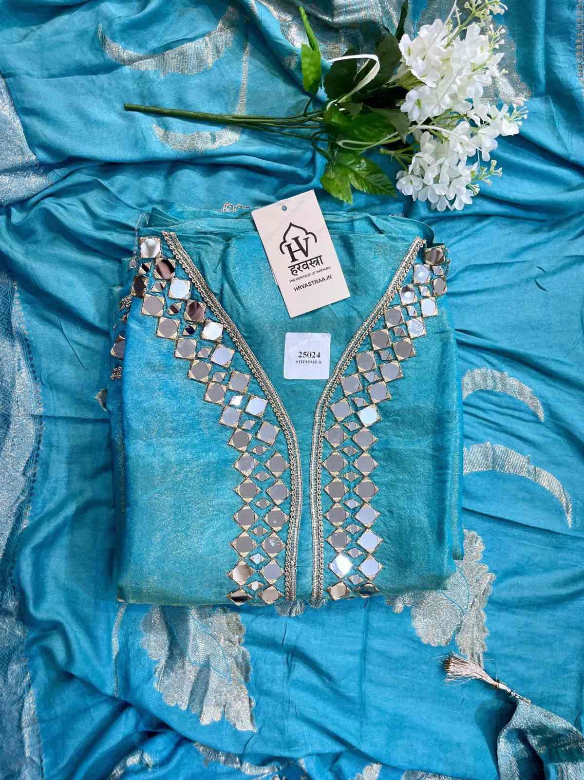 Radiant Pink ,teal blue Mirror Work Silk Suit Set