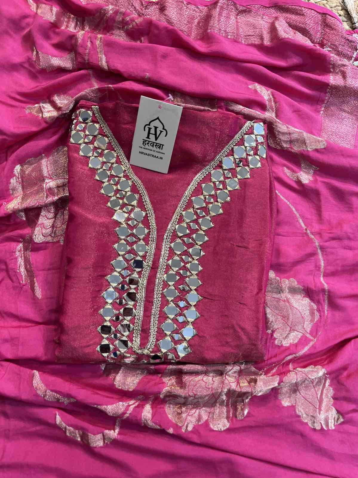 Radiant Pink ,teal blue Mirror Work Silk Suit Set