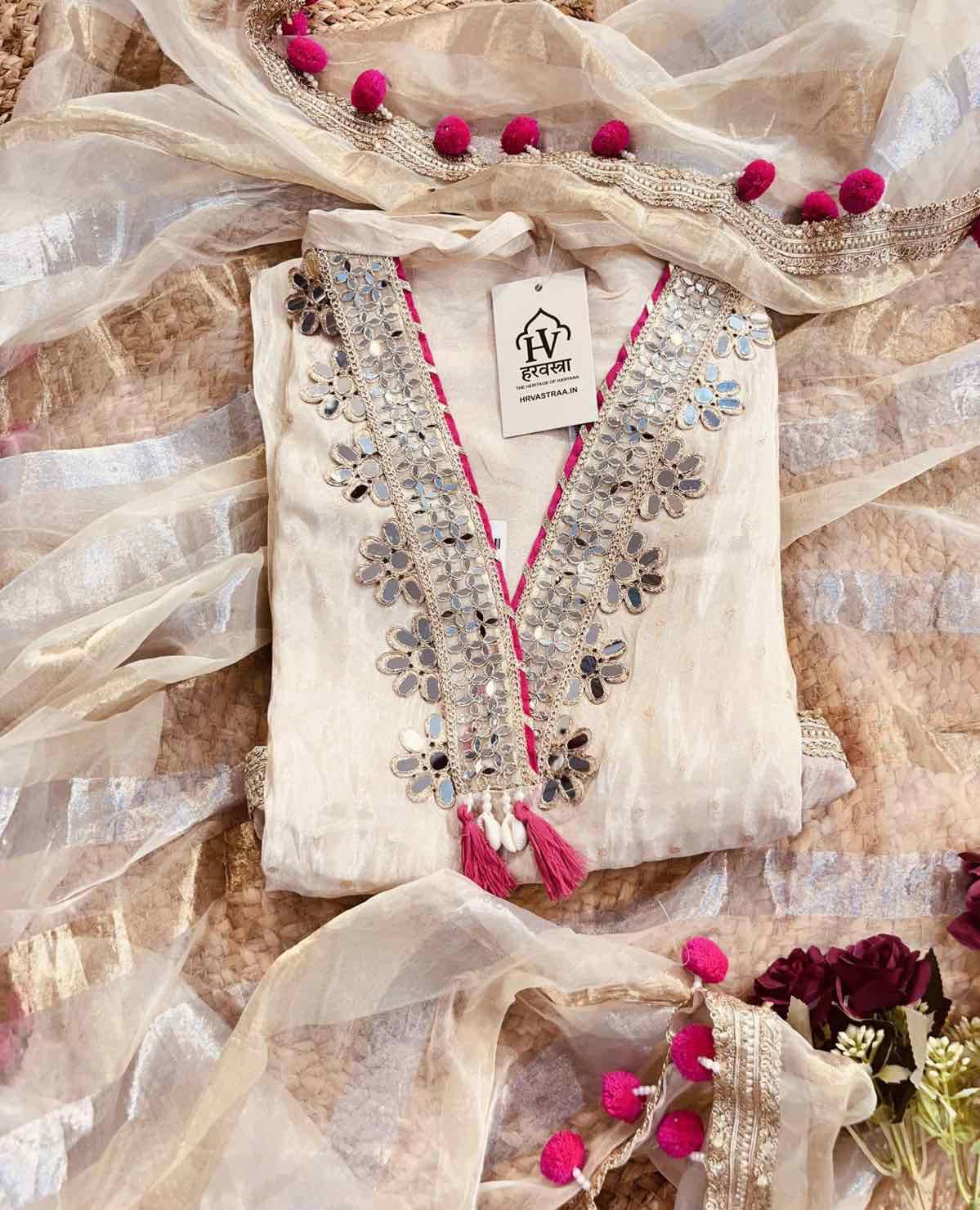 ✨ Ivory Mirror Work Organza Suit with Pink Pom-Pom Dupatta – Hrvastraa Exclusive