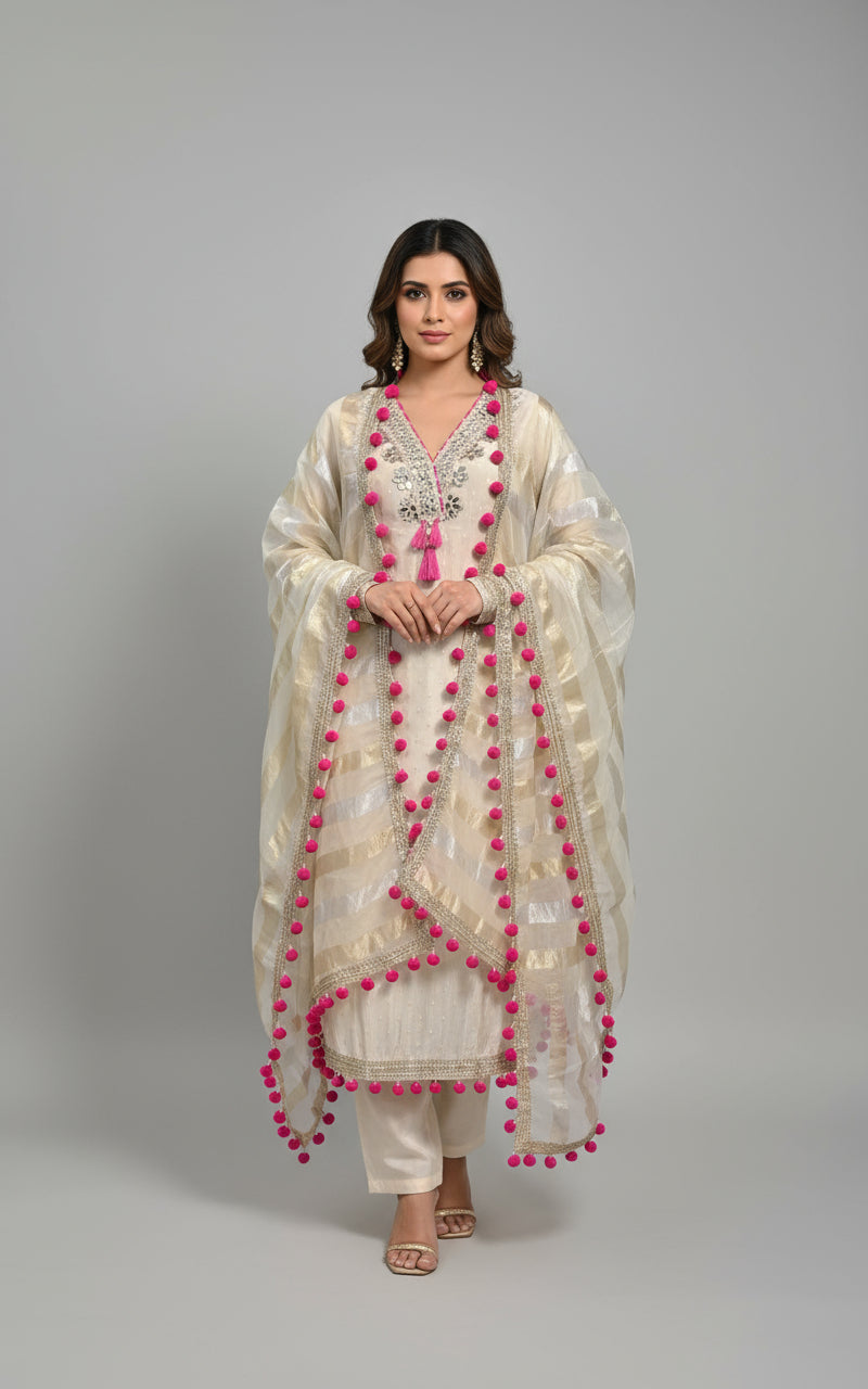 ✨ Ivory Mirror Work Organza Suit with Pink Pom-Pom Dupatta – Hrvastraa Exclusive