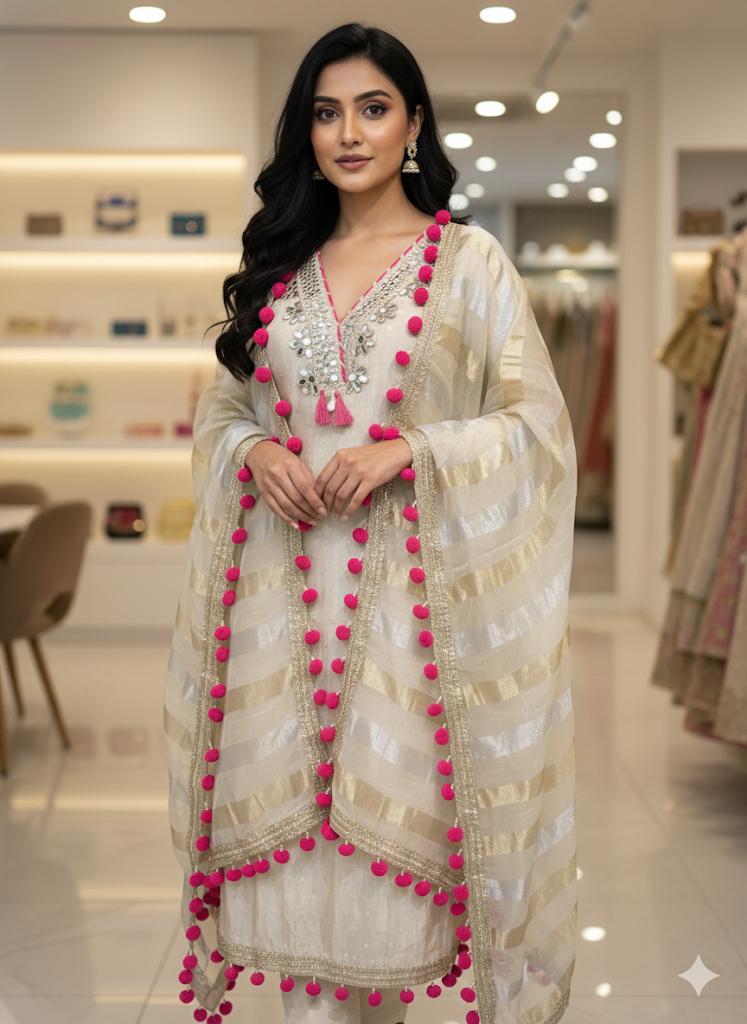 ✨ Ivory Mirror Work Organza Suit with Pink Pom-Pom Dupatta – Hrvastraa Exclusive