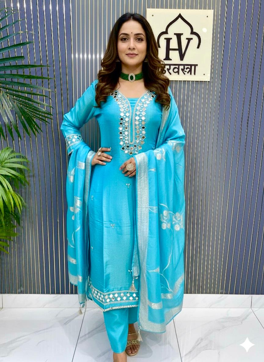 Radiant Pink ,teal blue Mirror Work Silk Suit Set