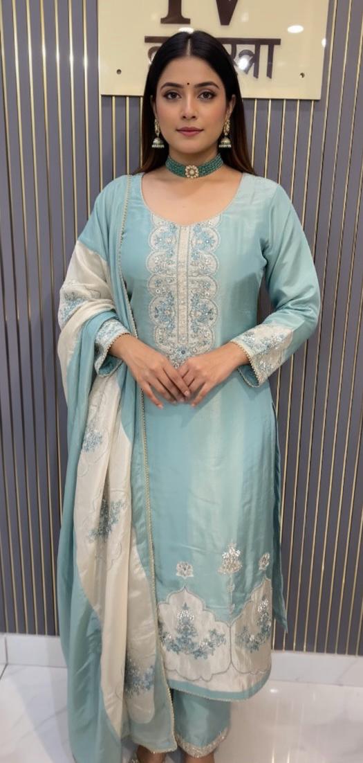 ✨ Turquoise Blue Shimmer Organza Embroidered Suit Set