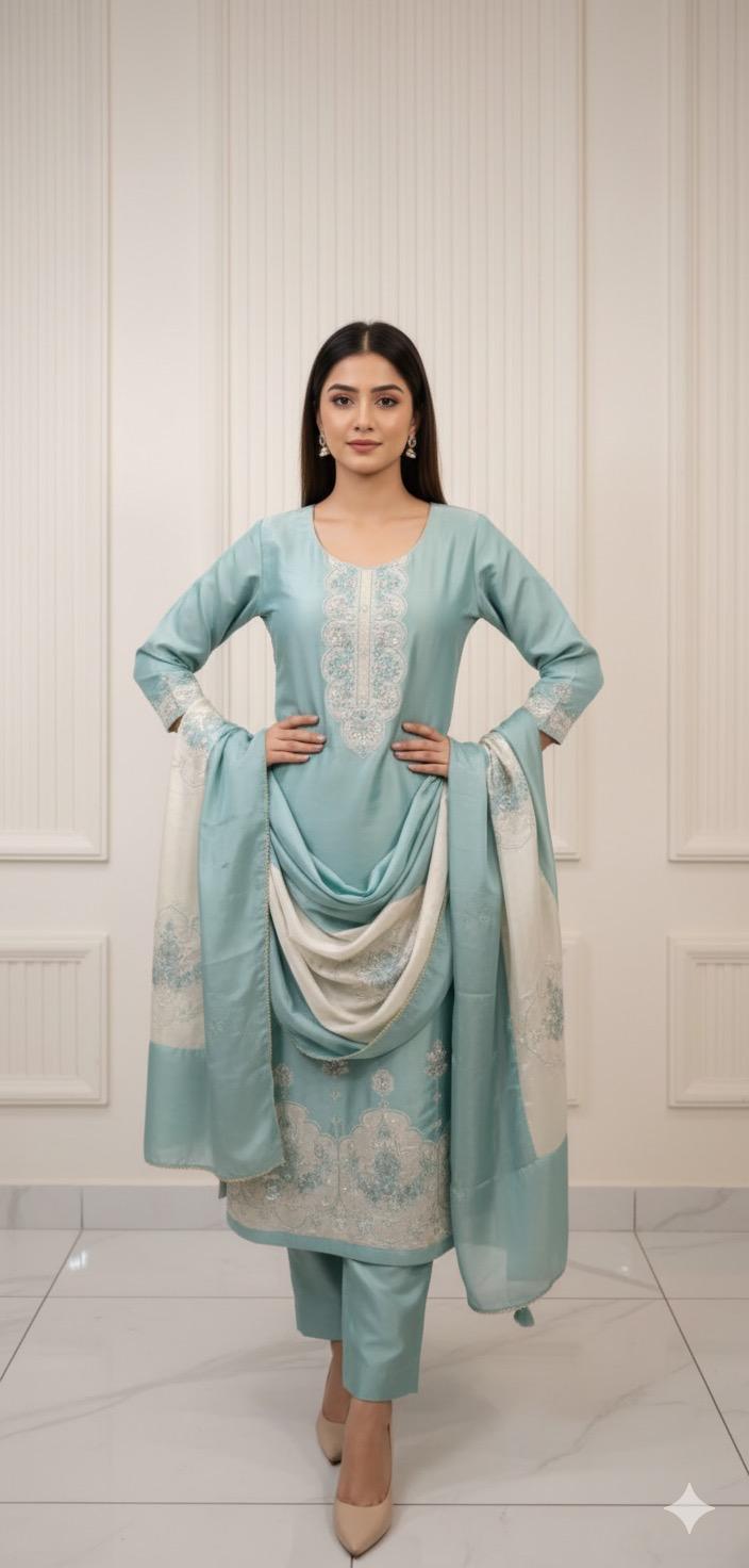 ✨ Turquoise Blue Shimmer Organza Embroidered Suit Set