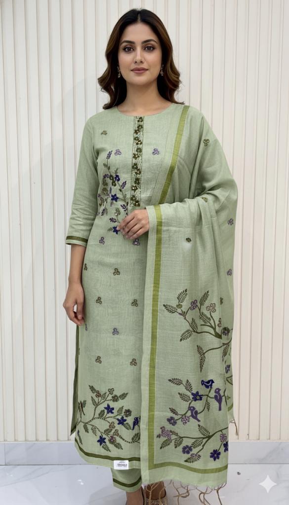 Kantha & Kolkata Work Embroidered Cotton Suit Set – Elegant Handcrafted Floral Design