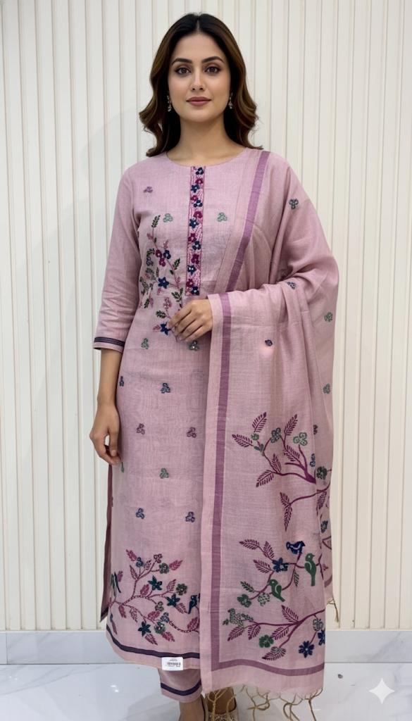 Kantha & Kolkata Work Embroidered Cotton Suit Set – Elegant Handcrafted Floral Design