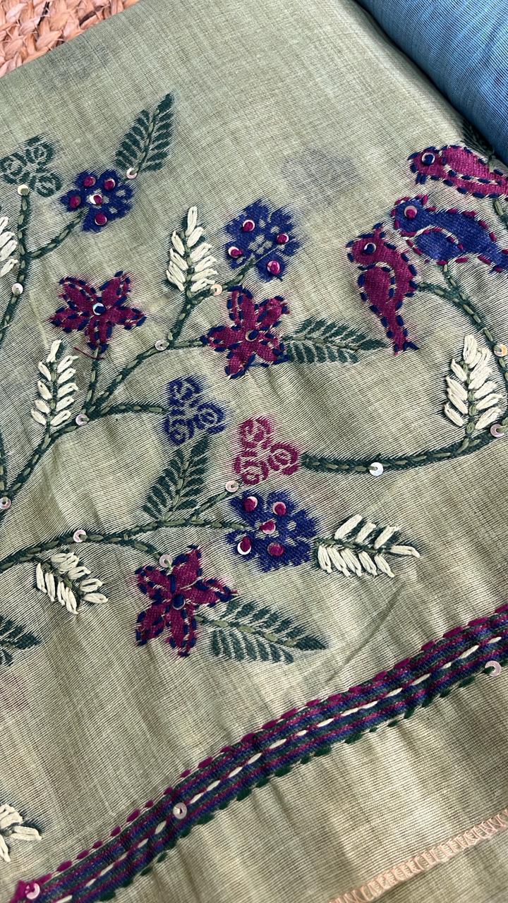 Kantha & Kolkata Work Embroidered Cotton Suit Set – Elegant Handcrafted Floral Design