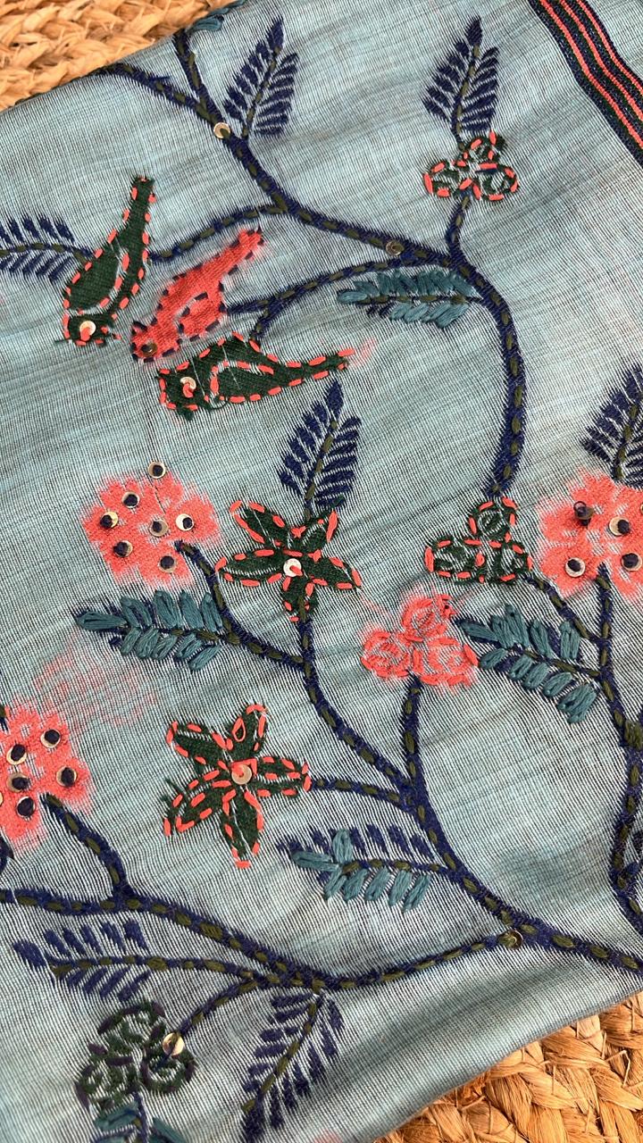 Kantha & Kolkata Work Embroidered Cotton Suit Set – Elegant Handcrafted Floral Design