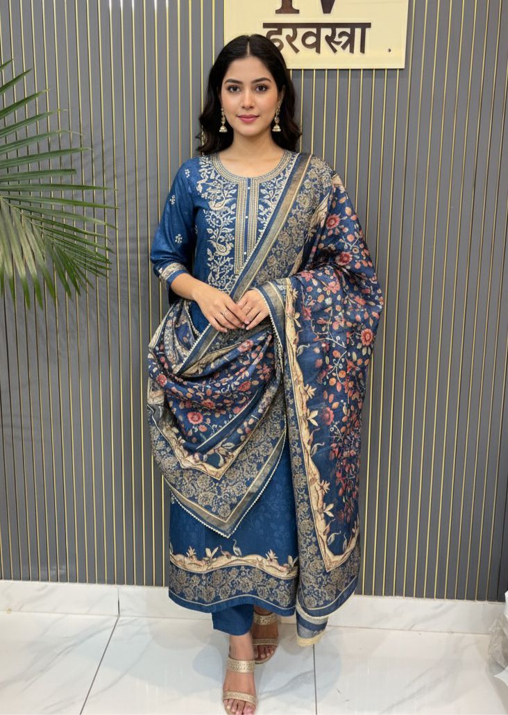 Royal Blue Kashmiri Embroidered Silk Suit – Hrvastraa Exclusive