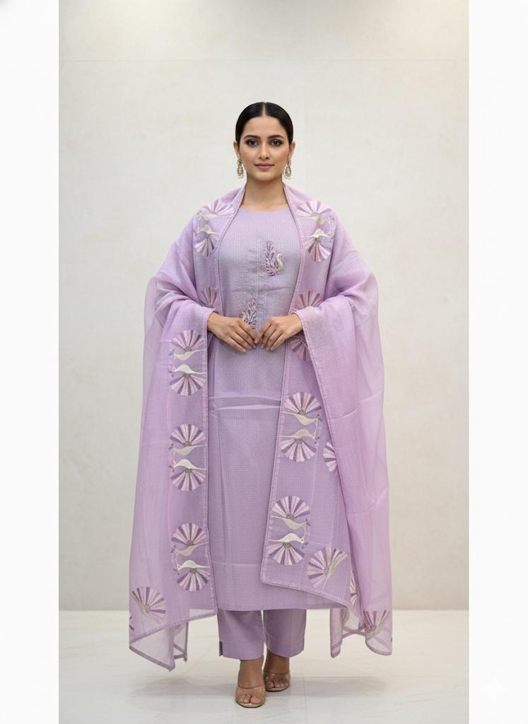 Elegant Embroidered Kota Doriya Suits with Kantha Work – Pastel Collection (Lavender, Blush, Sage Green)