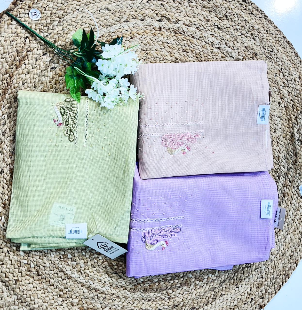 Elegant Embroidered Kota Doriya Suits with Kantha Work – Pastel Collection (Lavender, Blush, Sage Green)