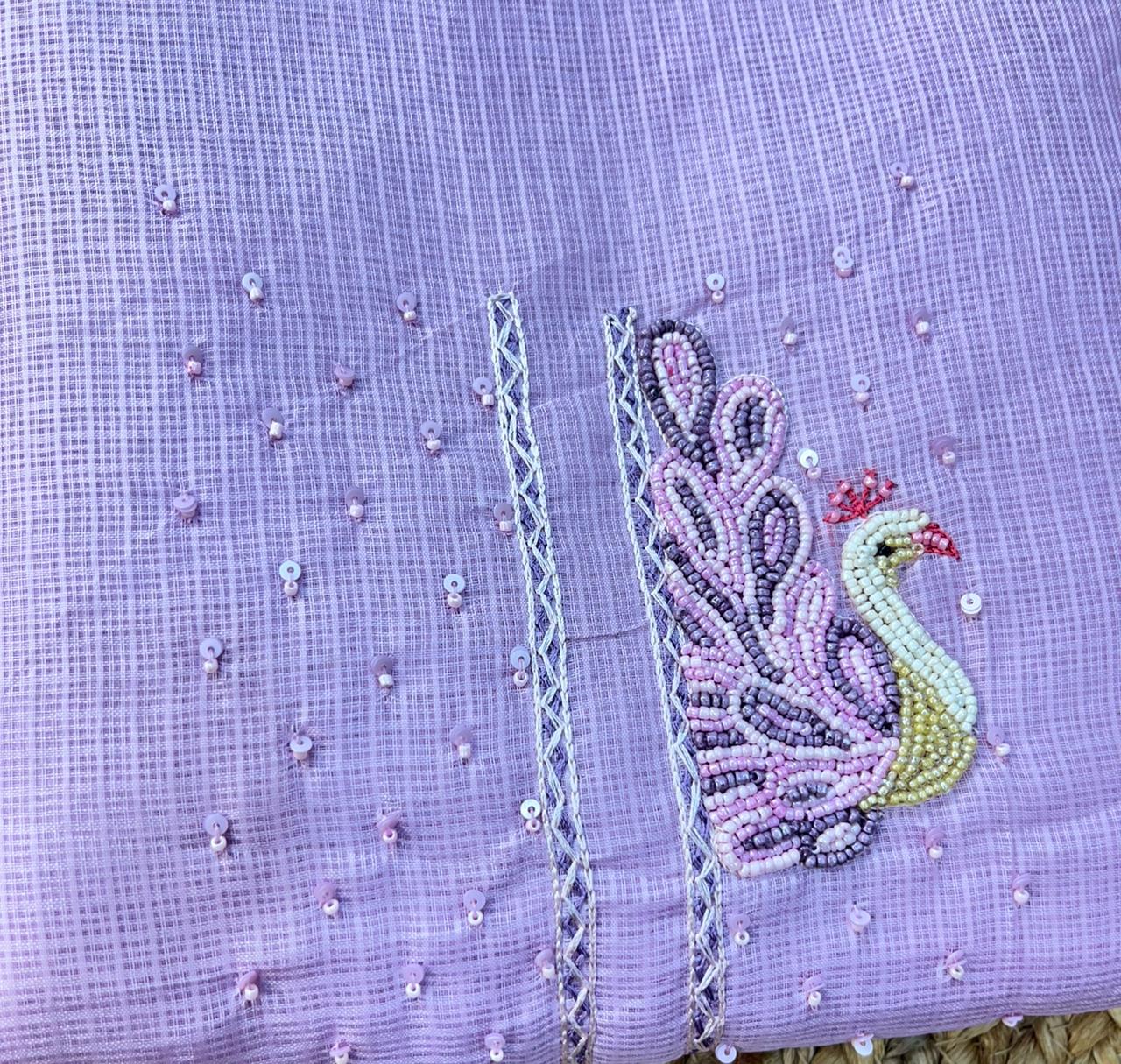 Elegant Embroidered Kota Doriya Suits with Kantha Work – Pastel Collection (Lavender, Blush, Sage Green)