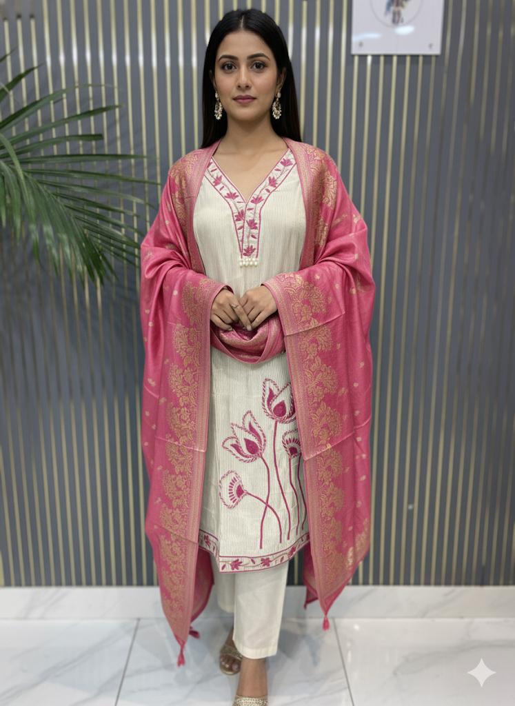 Elegant Off-White Suit with Lotus Embroidery & Banarasi Dupatta