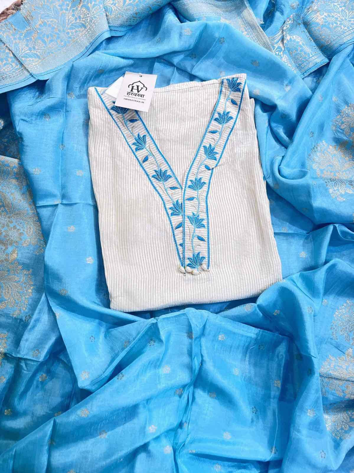 Elegant Off-White Suit with Lotus Embroidery & Banarasi Dupatta