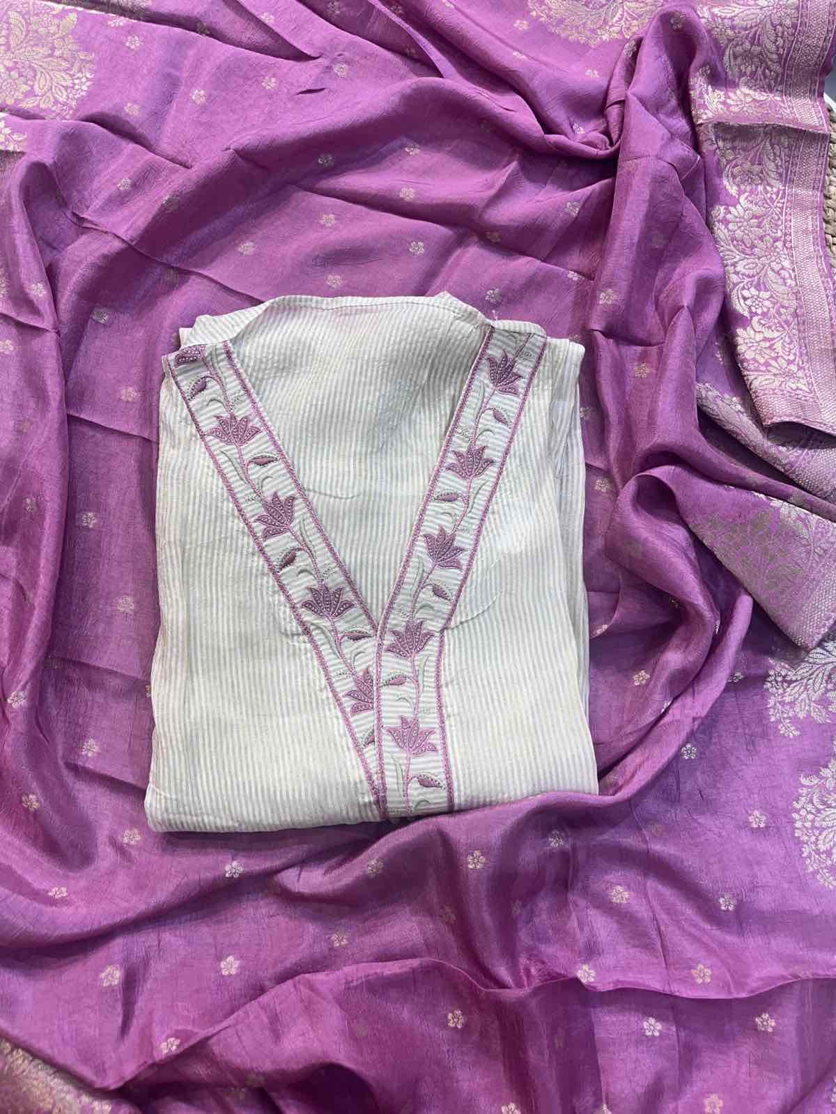 Elegant Off-White Suit with Lotus Embroidery & Banarasi Dupatta