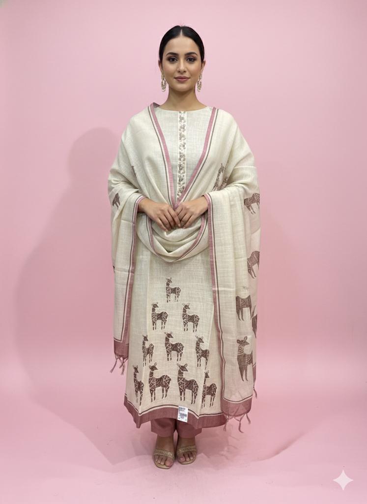 Elegant Monga Silk Handblock Deer Print Suit Set with Contrast Border