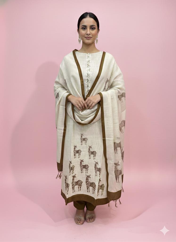 Elegant Monga Silk Handblock Deer Print Suit Set with Contrast Border