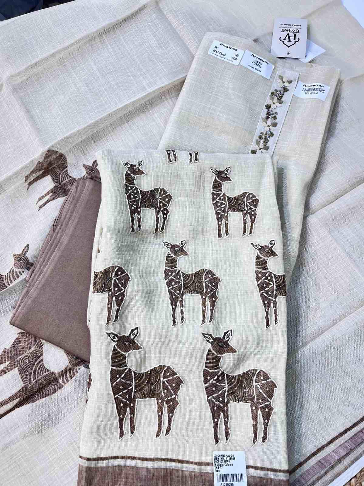 Elegant Monga Silk Handblock Deer Print Suit Set with Contrast Border