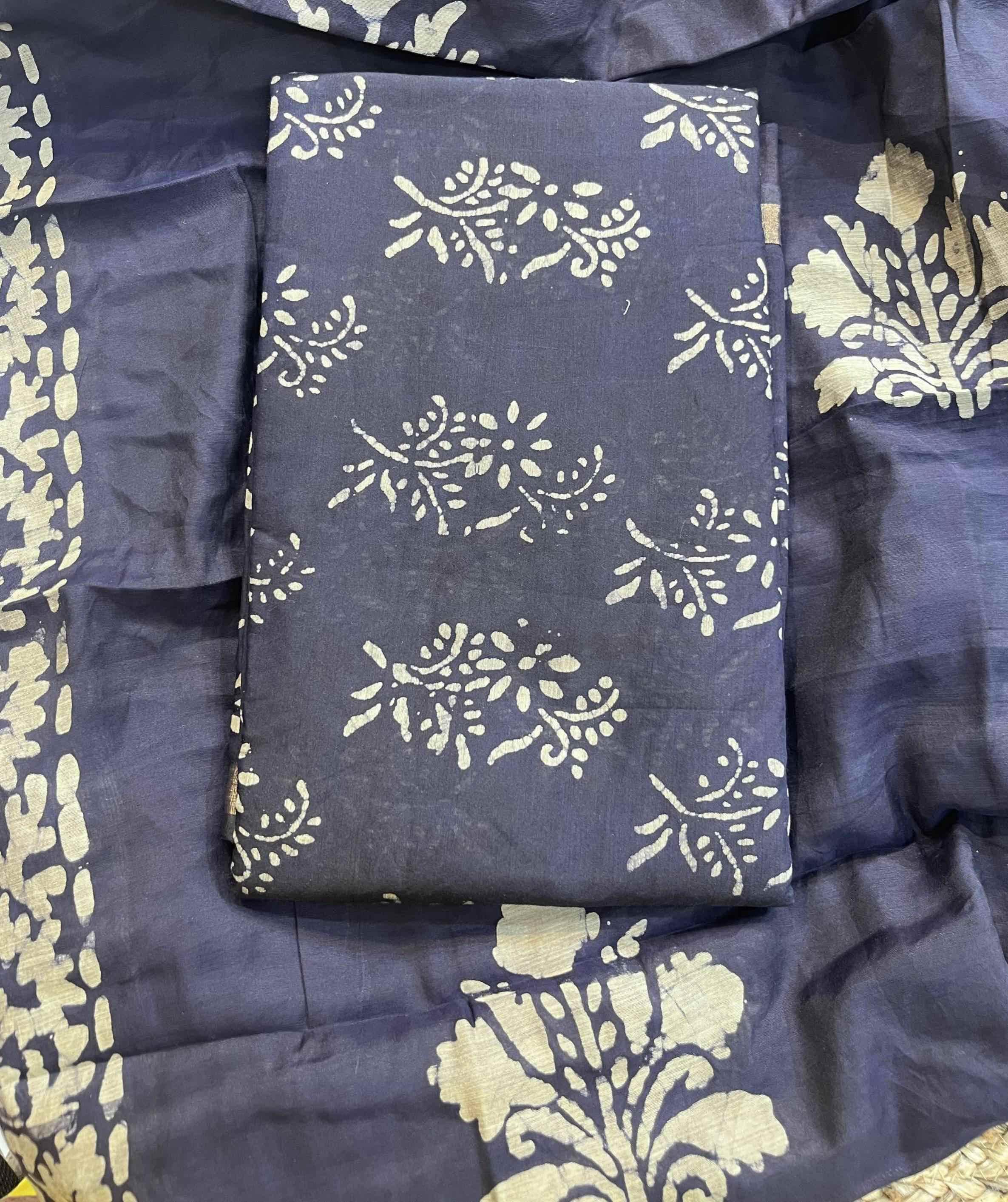 Elegant Maheshwari Silk Suit in dark slate blue with Hand Block Print