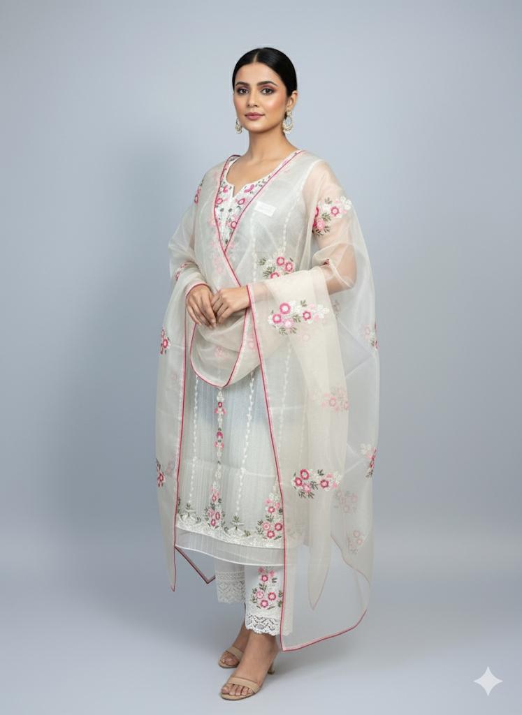 Elegant Tissue Silk Organza Suit with Pearl Embroidery & Dupatta Set