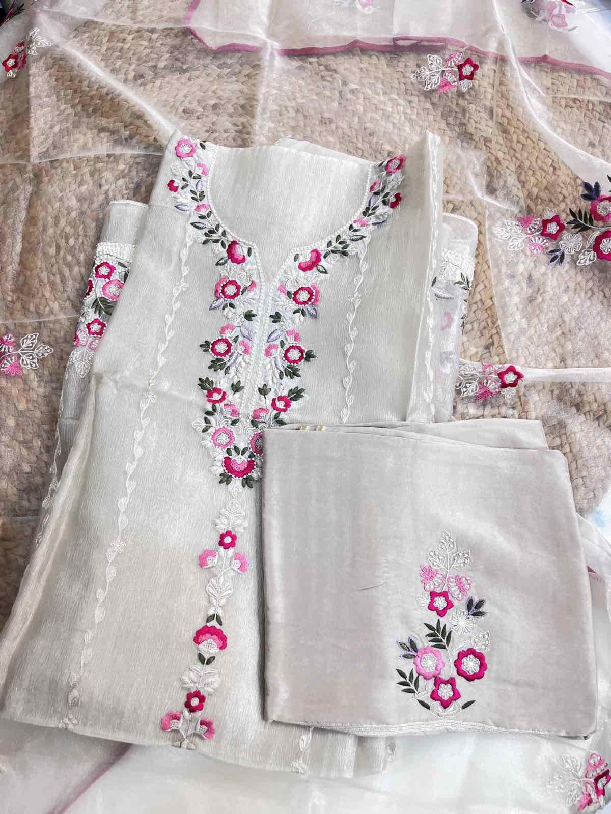 Elegant Tissue Silk Organza Suit with Pearl Embroidery & Dupatta Set