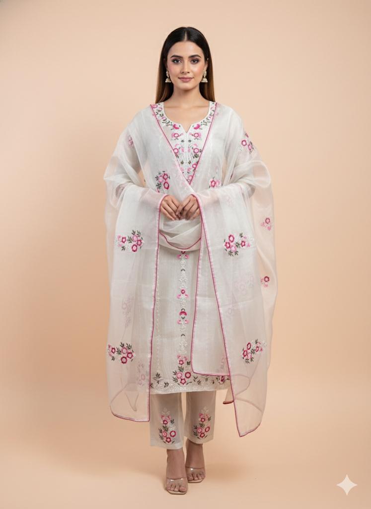 Elegant Tissue Silk Organza Suit with Pearl Embroidery & Dupatta Set