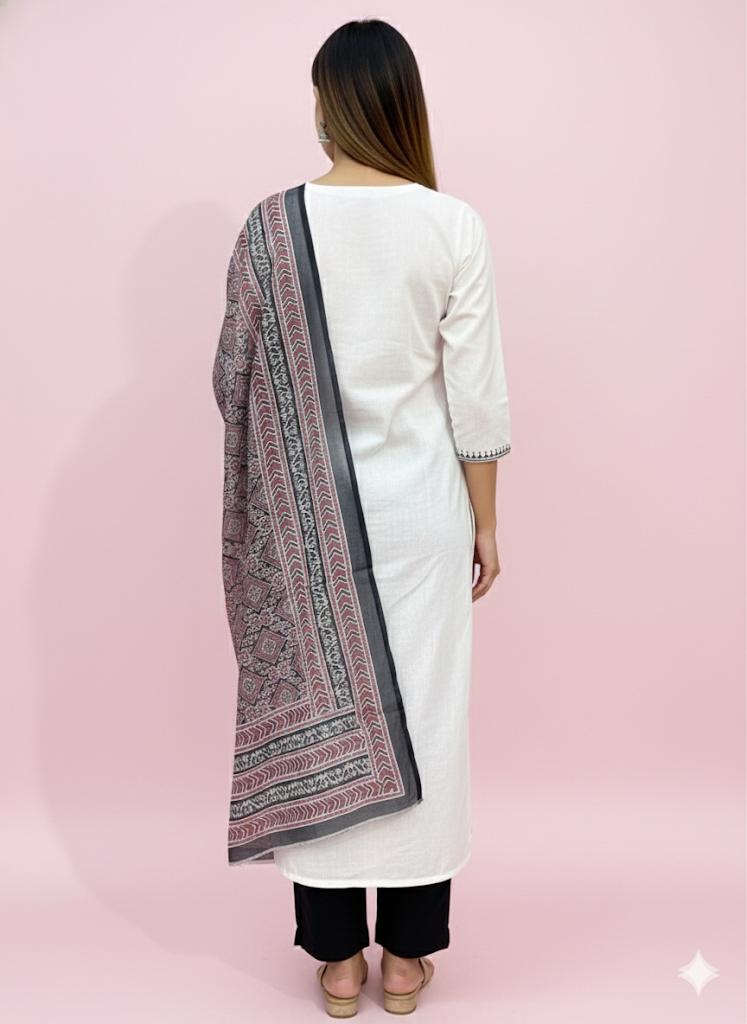 Off White Cotton Suit with Katha and Ajrak Work Dupatta