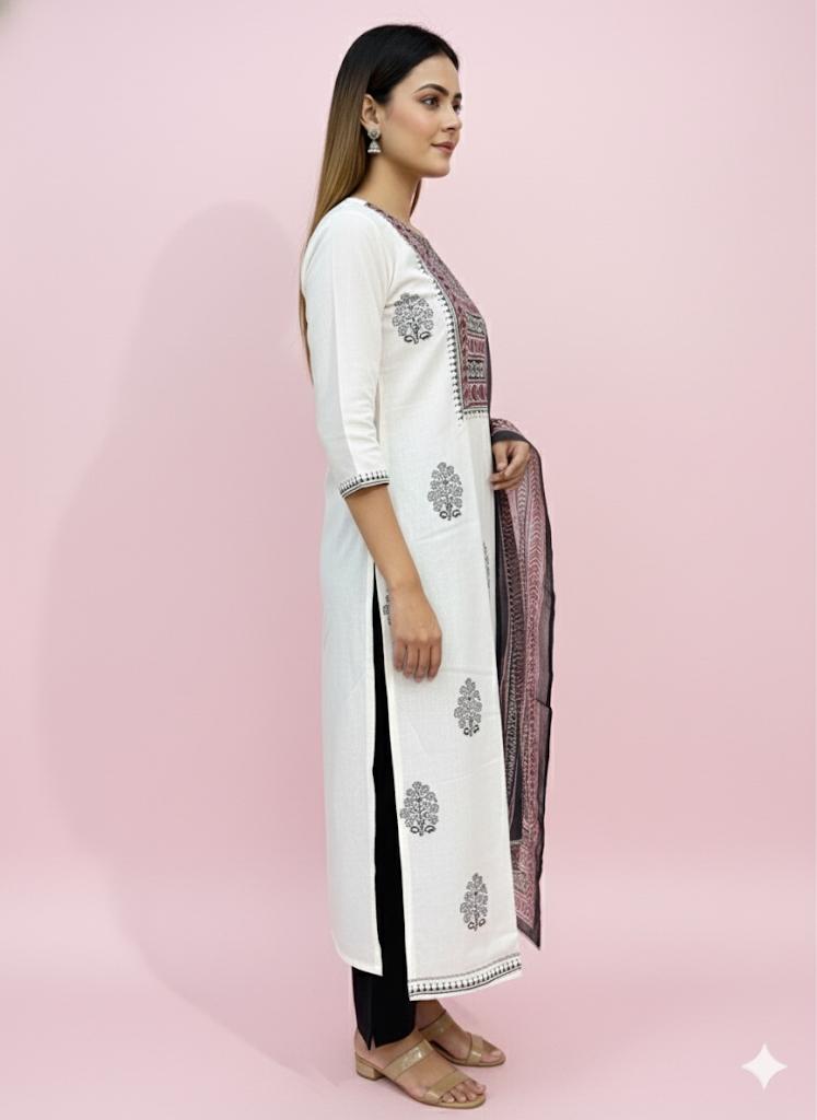 Off White Cotton Suit with Katha and Ajrak Work Dupatta