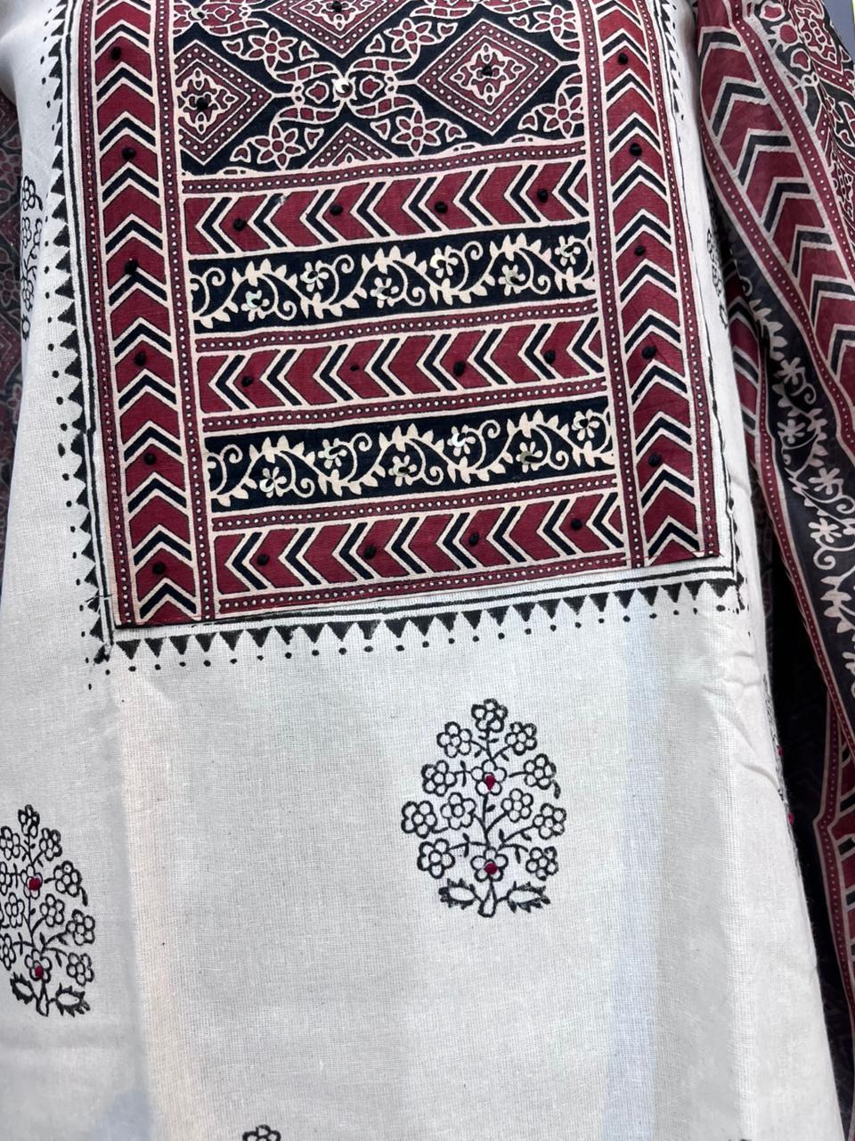 Off White Cotton Suit with Katha and Ajrak Work Dupatta
