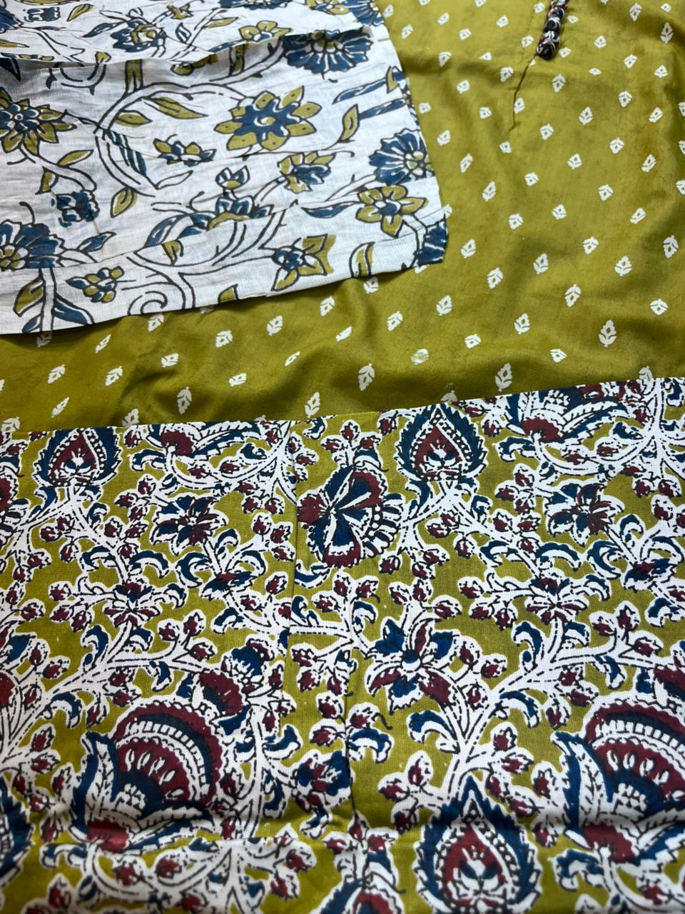 Handblock Printed Cotton Suit with Ajrakh Dupatta – Teal & Mustard Variants