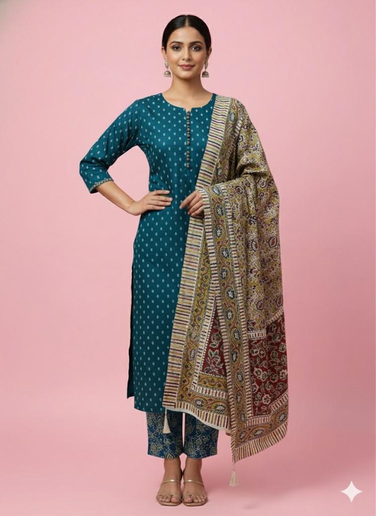 Handblock Printed Cotton Suit with Ajrakh Dupatta – Teal & Mustard Variants