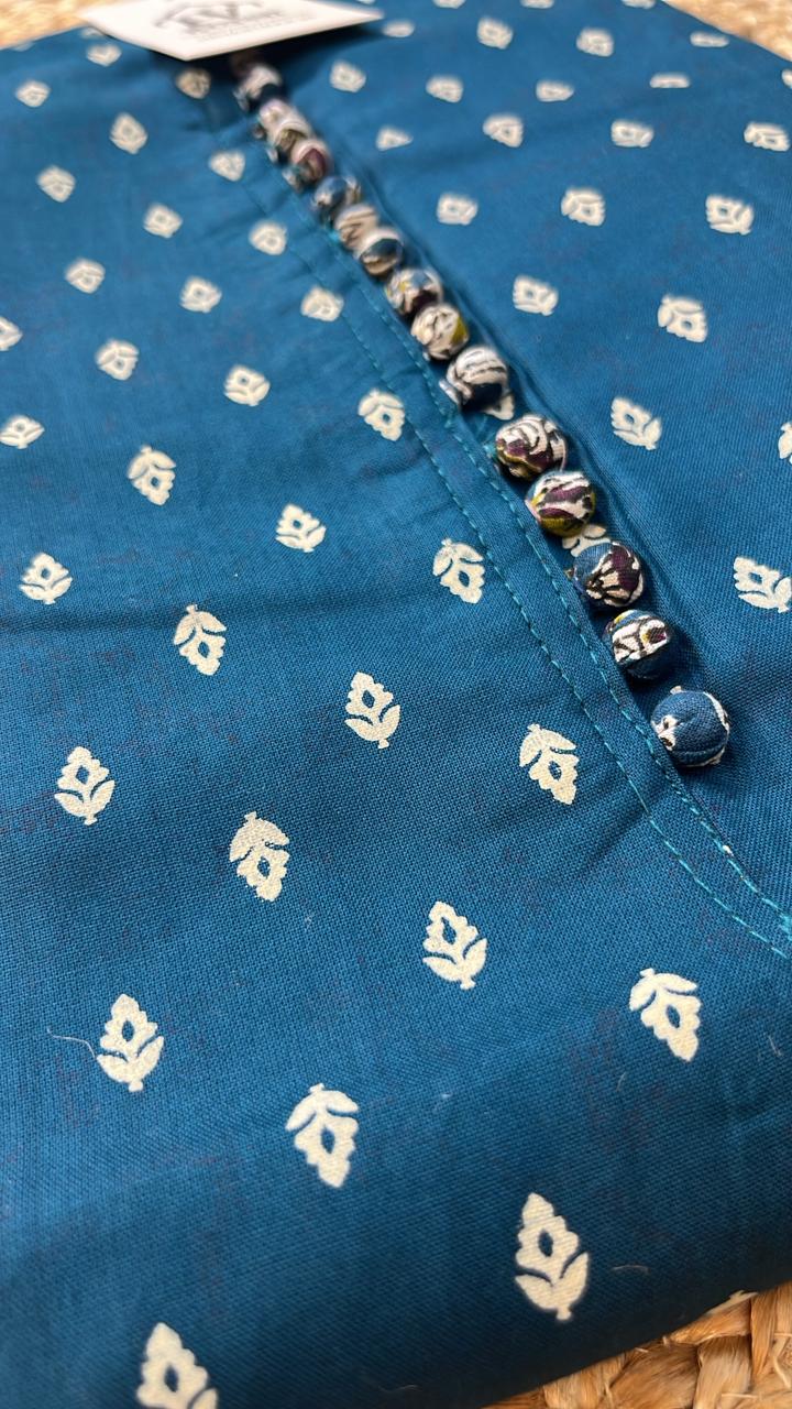 Handblock Printed Cotton Suit with Ajrakh Dupatta – Teal & Mustard Variants