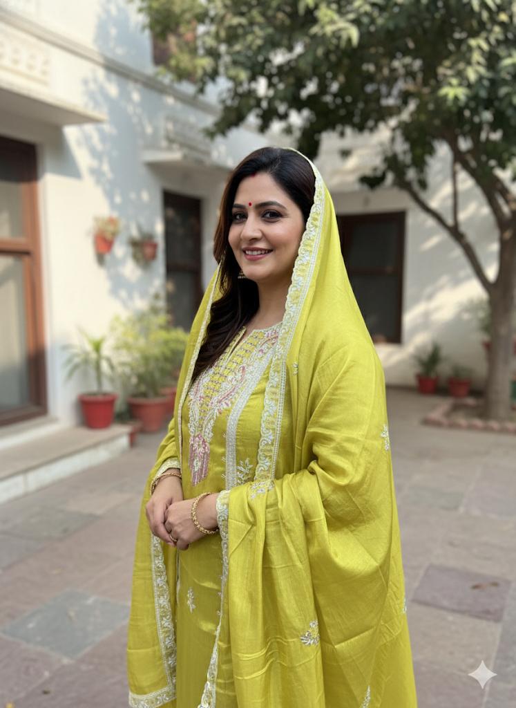 Mustard Yellow Thread & Sequin Embroidered shimmer tissue Suit Set with Dupatta
