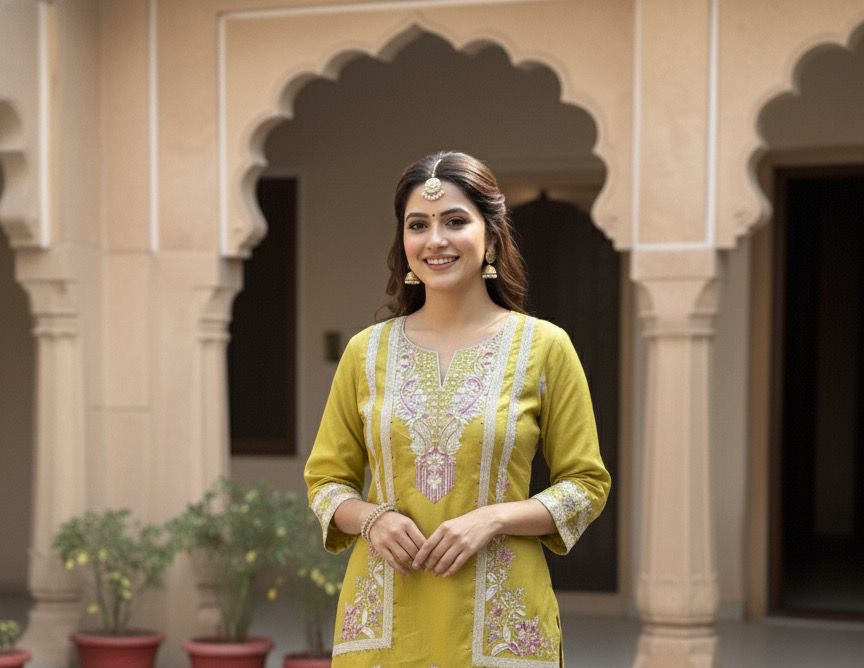 Mustard Yellow Thread & Sequin Embroidered shimmer tissue Suit Set with Dupatta