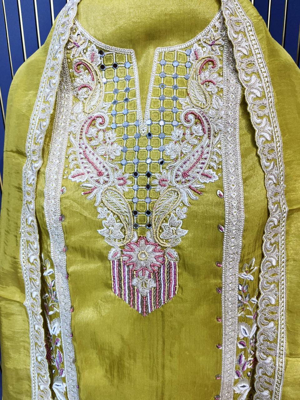 Mustard Yellow Thread & Sequin Embroidered shimmer tissue Suit Set with Dupatta