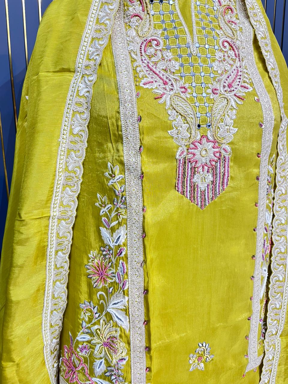 Mustard Yellow Thread & Sequin Embroidered shimmer tissue Suit Set with Dupatta