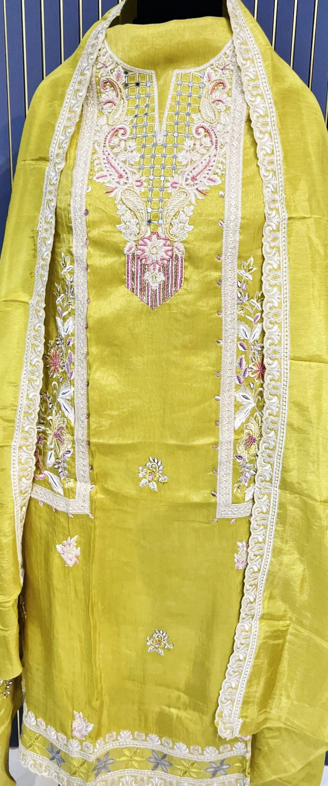 Mustard Yellow Thread & Sequin Embroidered shimmer tissue Suit Set with Dupatta