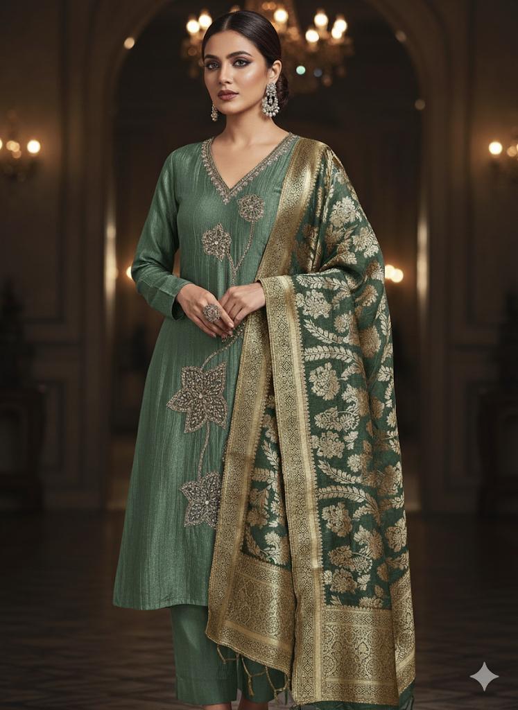 Metallic Shimmer Crush Tissue Silk Suit with Hand Embroidery & Banarasi Dupatta  Grey and dark green
